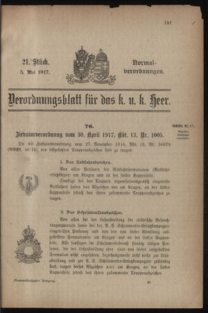 Verordnungsblatt für das Kaiserlich-Königliche Heer 19170505 Seite: 1