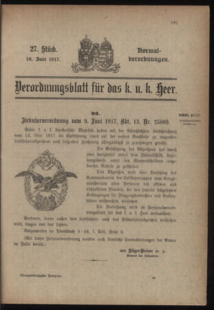 Verordnungsblatt für das Kaiserlich-Königliche Heer 19170616 Seite: 1