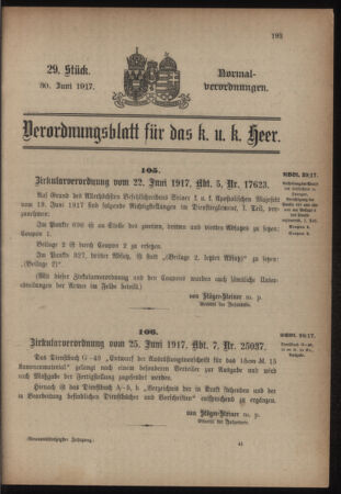 Verordnungsblatt für das Kaiserlich-Königliche Heer 19170630 Seite: 1