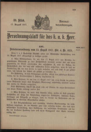 Verordnungsblatt für das Kaiserlich-Königliche Heer 19170817 Seite: 1