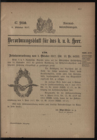 Verordnungsblatt für das Kaiserlich-Königliche Heer 19171006 Seite: 1