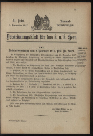 Verordnungsblatt für das Kaiserlich-Königliche Heer 19171103 Seite: 1