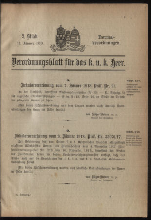 Verordnungsblatt für das Kaiserlich-Königliche Heer 19180112 Seite: 1