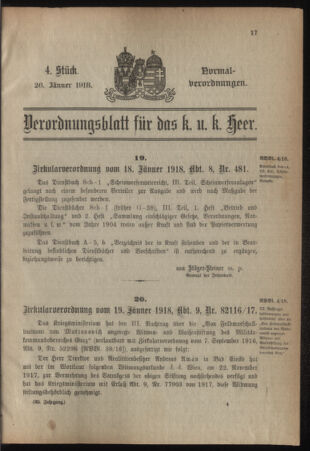 Verordnungsblatt für das Kaiserlich-Königliche Heer 19180126 Seite: 1