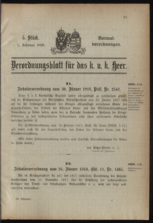 Verordnungsblatt für das Kaiserlich-Königliche Heer 19180201 Seite: 1