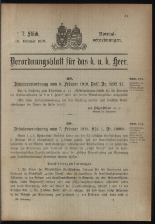 Verordnungsblatt für das Kaiserlich-Königliche Heer 19180216 Seite: 1