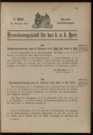 Verordnungsblatt für das Kaiserlich-Königliche Heer 19180223 Seite: 1