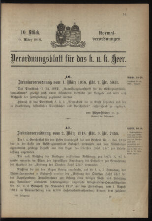 Verordnungsblatt für das Kaiserlich-Königliche Heer 19180309 Seite: 1