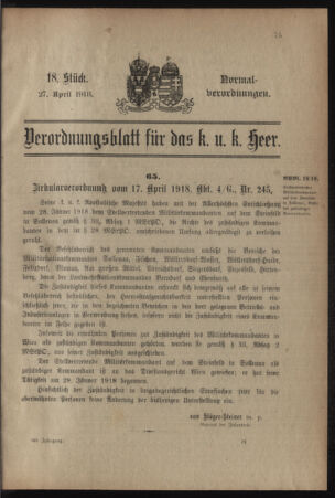 Verordnungsblatt für das Kaiserlich-Königliche Heer 19180427 Seite: 1