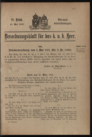 Verordnungsblatt für das Kaiserlich-Königliche Heer 19180518 Seite: 1