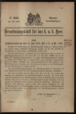 Verordnungsblatt für das Kaiserlich-Königliche Heer 19180720 Seite: 1