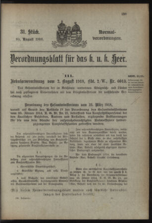 Verordnungsblatt für das Kaiserlich-Königliche Heer 19180810 Seite: 1