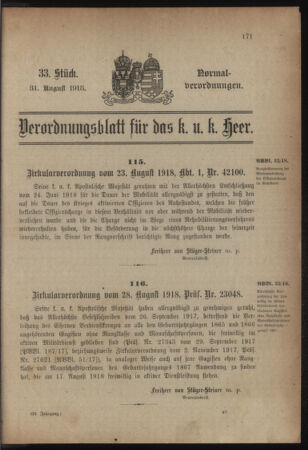 Verordnungsblatt für das Kaiserlich-Königliche Heer 19180831 Seite: 1