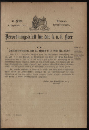 Verordnungsblatt für das Kaiserlich-Königliche Heer 19180904 Seite: 1