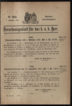 Verordnungsblatt für das Kaiserlich-Königliche Heer 19181005 Seite: 1