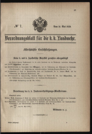 Verordnungsblatt für die Kaiserlich-Königliche Landwehr 18700531 Seite: 1