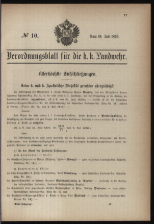 Verordnungsblatt für die Kaiserlich-Königliche Landwehr 18700716 Seite: 1