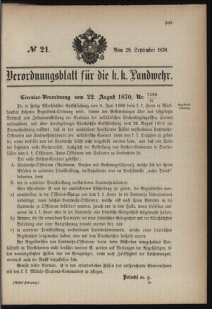 Verordnungsblatt für die Kaiserlich-Königliche Landwehr 18700929 Seite: 1