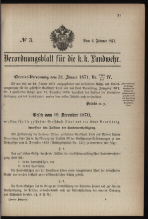 Verordnungsblatt für die Kaiserlich-Königliche Landwehr 18710206 Seite: 1