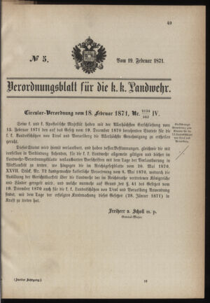 Verordnungsblatt für die Kaiserlich-Königliche Landwehr 18710219 Seite: 1