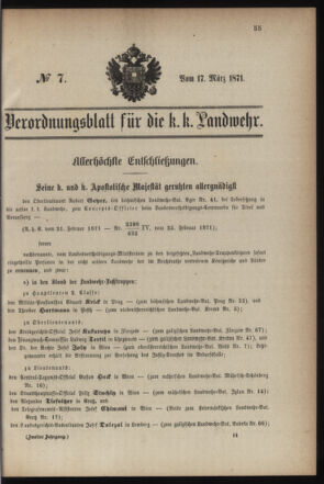 Verordnungsblatt für die Kaiserlich-Königliche Landwehr 18710317 Seite: 1