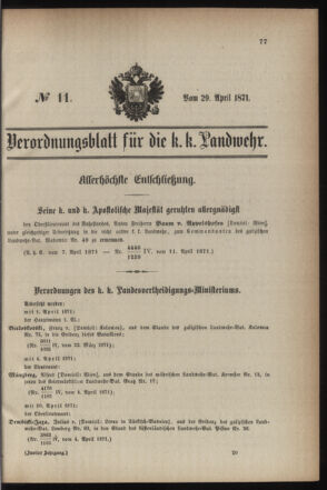 Verordnungsblatt für die Kaiserlich-Königliche Landwehr 18710429 Seite: 1