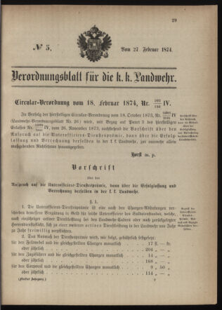 Verordnungsblatt für die Kaiserlich-Königliche Landwehr 18740227 Seite: 1