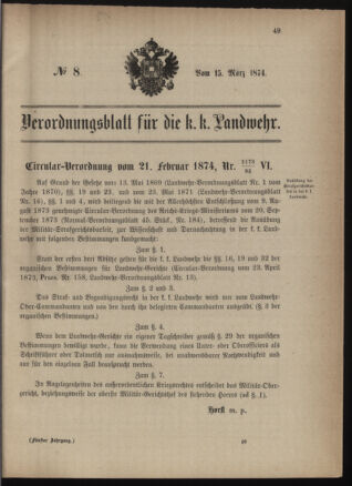 Verordnungsblatt für die Kaiserlich-Königliche Landwehr 18740315 Seite: 1