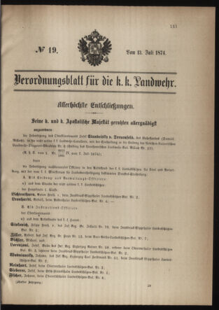 Verordnungsblatt für die Kaiserlich-Königliche Landwehr 18740713 Seite: 1