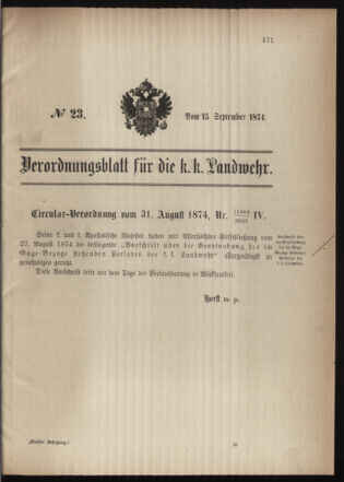 Verordnungsblatt für die Kaiserlich-Königliche Landwehr 18740915 Seite: 1