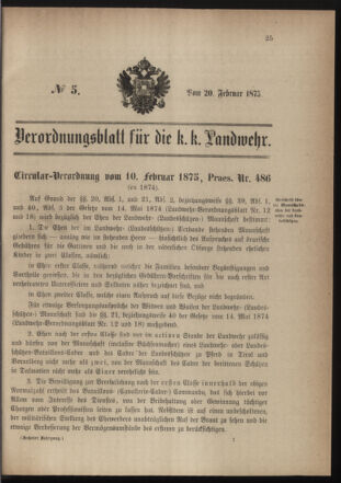 Verordnungsblatt für die Kaiserlich-Königliche Landwehr 18750220 Seite: 1