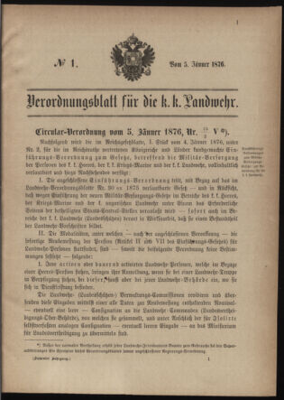 Verordnungsblatt für die Kaiserlich-Königliche Landwehr 18760105 Seite: 1