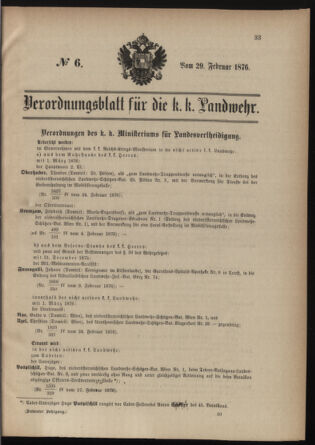 Verordnungsblatt für die Kaiserlich-Königliche Landwehr 18760229 Seite: 1