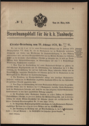 Verordnungsblatt für die Kaiserlich-Königliche Landwehr 18760320 Seite: 1