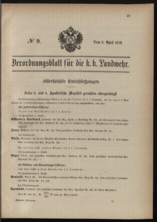 Verordnungsblatt für die Kaiserlich-Königliche Landwehr 18760408 Seite: 1