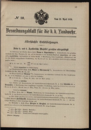 Verordnungsblatt für die Kaiserlich-Königliche Landwehr 18760429 Seite: 1