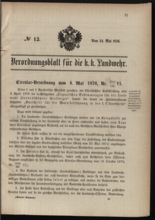 Verordnungsblatt für die Kaiserlich-Königliche Landwehr 18760524 Seite: 1