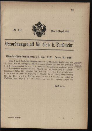 Verordnungsblatt für die Kaiserlich-Königliche Landwehr 18760808 Seite: 1