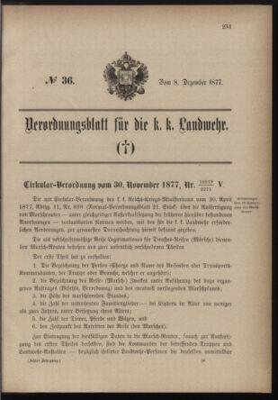 Verordnungsblatt für die Kaiserlich-Königliche Landwehr 18771208 Seite: 1