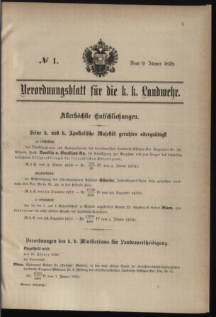 Verordnungsblatt für die Kaiserlich-Königliche Landwehr 18780109 Seite: 1