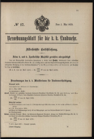 Verordnungsblatt für die Kaiserlich-Königliche Landwehr 18790505 Seite: 1