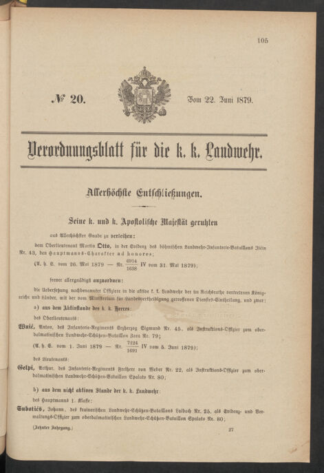 Verordnungsblatt für die Kaiserlich-Königliche Landwehr 18790622 Seite: 1