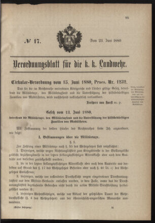 Verordnungsblatt für die Kaiserlich-Königliche Landwehr 18800623 Seite: 1