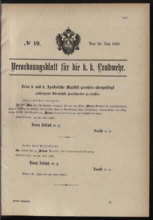 Verordnungsblatt für die Kaiserlich-Königliche Landwehr 18800628 Seite: 1