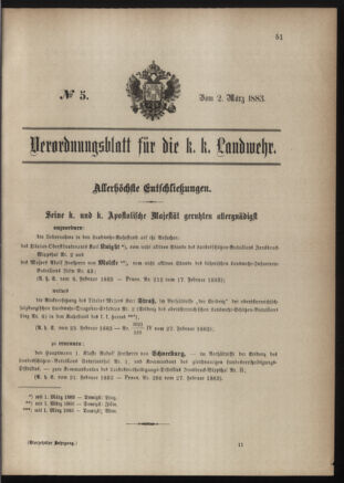 Verordnungsblatt für die Kaiserlich-Königliche Landwehr 18830302 Seite: 1