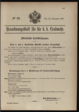 Verordnungsblatt für die Kaiserlich-Königliche Landwehr 18830922 Seite: 1