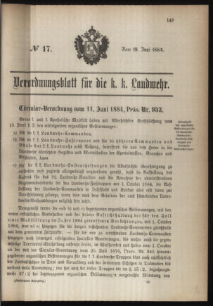 Verordnungsblatt für die Kaiserlich-Königliche Landwehr 18840619 Seite: 1