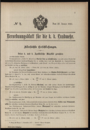 Verordnungsblatt für die Kaiserlich-Königliche Landwehr 18850127 Seite: 1