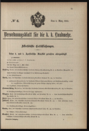 Verordnungsblatt für die Kaiserlich-Königliche Landwehr 18850305 Seite: 1