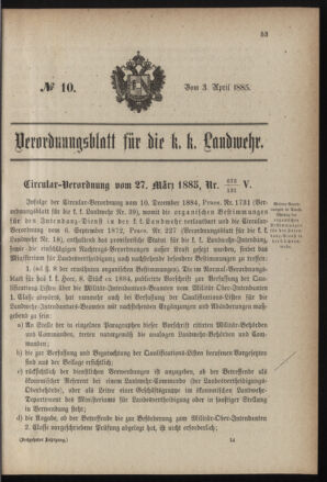 Verordnungsblatt für die Kaiserlich-Königliche Landwehr 18850403 Seite: 1